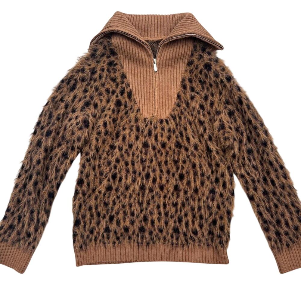 NWT Attrime Leopard Print Half Zip Fuzzy Sweater, Size S - Picture 2 of 7